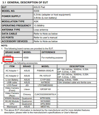 ASUS Nexus K009 FCC