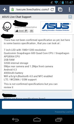 Nexus7 2nd Gen Spec ASUS Live Chat Support